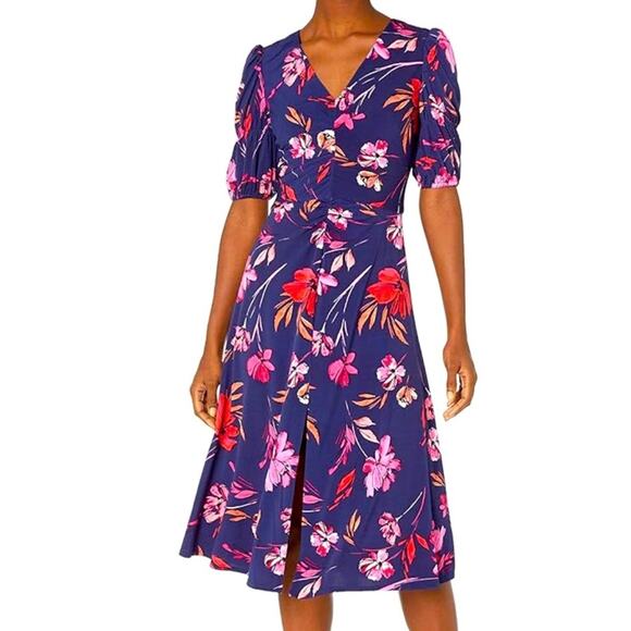 Vince Camuto Floral V-Neck‎ Midi Dress Size 4 Navy Pink Ruched Feminine Romantic - Picture 4 of 15